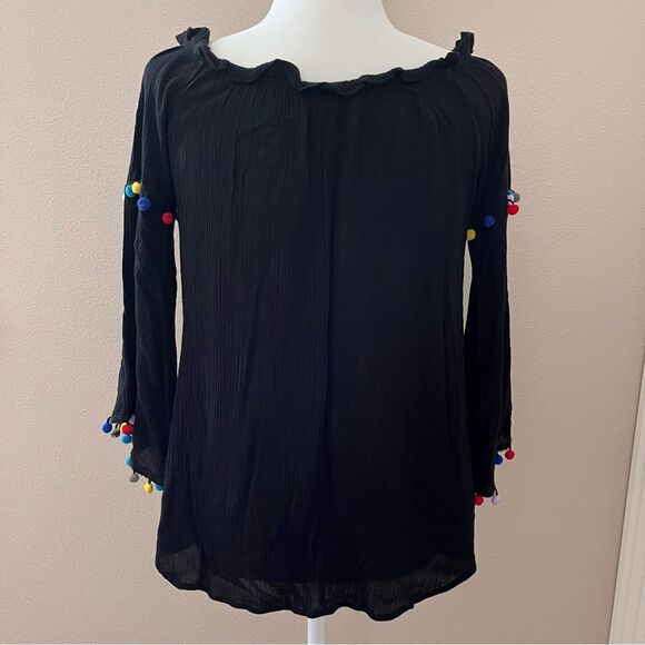 Ces Femme Off the shoulder, top black with pom-poms size small bell sleeves - Picture 1 of 5